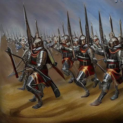 Prompt: a medieval army by john howe,