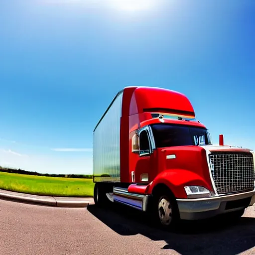 Image similar to large trucker running towards the camera with his arms out, sunny day, fisheye lens