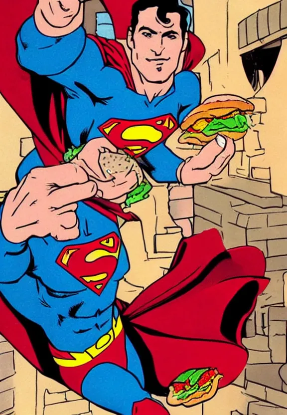 Image similar to superman eating a hamburger in his fortress of solitude