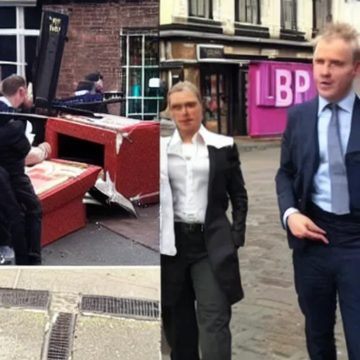 Prompt: BBC newsreaders in pub brawl, smashed furniture, blood