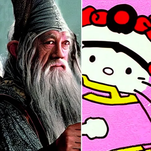 Image similar to portrait of gandalf, wearing a Hello Kitty bow, holding a blank playing card up to the camera, movie still from the lord of the rings