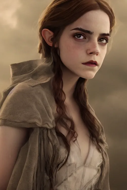 Image similar to a mix of of emma watson, anya taylor - joy and emma stone, sorceress elf, lord of the rings, movie still, hyperrealism, octane render, extremely detailed, intricate smoke magic, lace, style of mark ryden, earl nore, hyung tae, frank frazetta