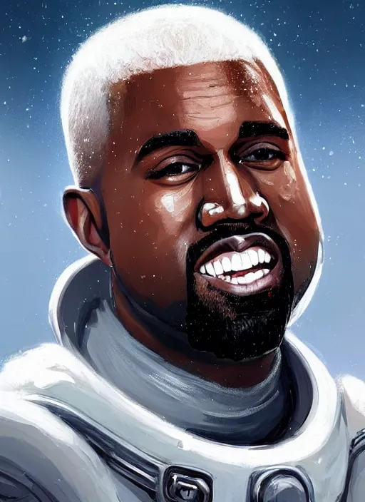 Image similar to pinted portrait of kanye west as an astronaut by greg rutkowski, he is about 3 0 years old, short blond hair, athletic and strong, straight jaw, wearing futuristic space gear, highly detailed portrait, digital painting, artstation, concept art, smooth, sharp foccus ilustration, artstation hq.