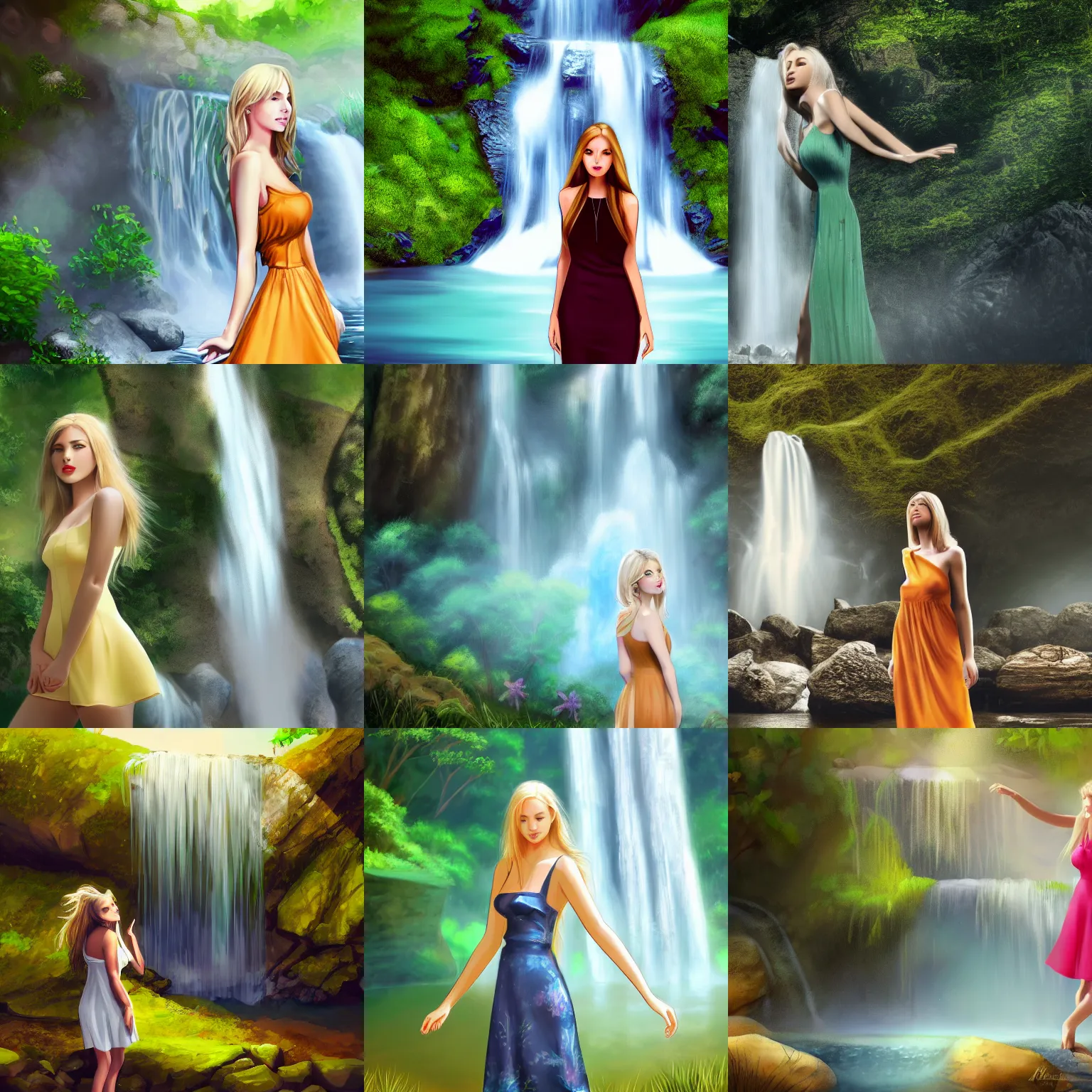 Prompt: beautiful woman wearing a summer dress, light blonde shoulder-length hair, standing near a waterfall, 4k, digital art, wallpaper, concept art