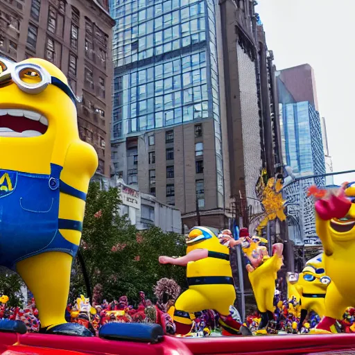 Image similar to photo of giant muscular minion parade float in the macys thanksgiving parade, detailed 4 k photo