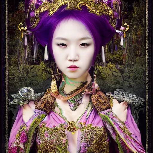 Image similar to photorealistic soft paint of absurdities and curiosities, single very beautiful asian princess full long dress, ultra deep fog, purple black lustrous thin haircut, partial symmetry accurate features, focus, very intricate ultrafine details, award winning masterpiece, steampunk world, rudolf freund