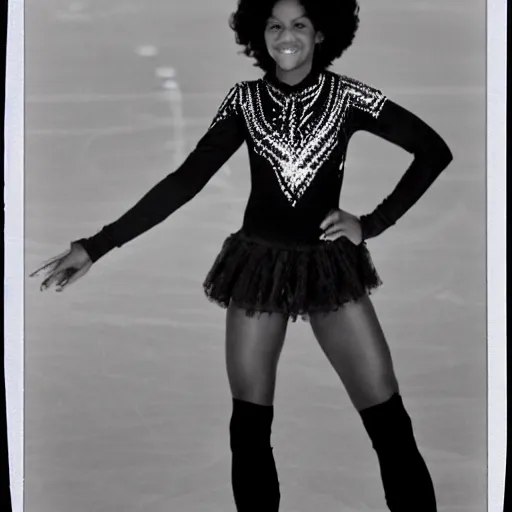 Image similar to a medium full shot, german and eastern european mixture polaroid photograph depicting a black woman with dark brown skin, long, swirling black hair, and jade colored eyes, she is ice skating. she is wearing wearing a ice skating ensemble in 1 9 8 2.