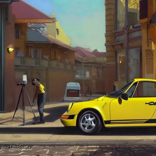 Prompt: Yellow Porsche 911 Carrera 3.2 parked in front of a Bondi Cafe, highly detailed, digital painting, artstation, concept art, smooth, sharp focus, illustration, art by artgerm and greg rutkowski and alphonse mucha
