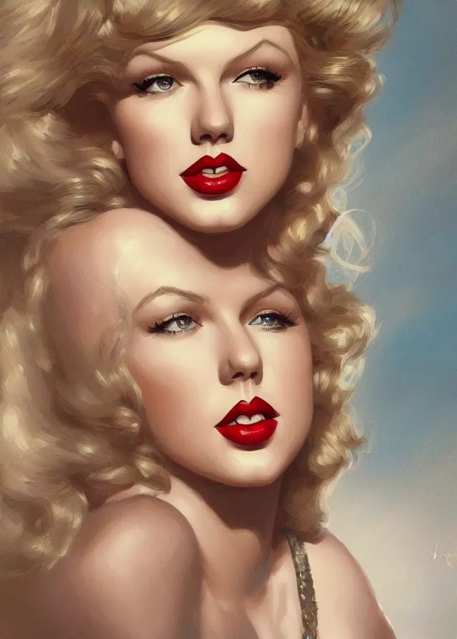 Prompt: portrait of taylor swift as a young marilyn monroe, elegant, flat lighting, intricate, highly detailed, digital painting, artstation, concept art, smooth, sharp focus, illustration, closeup, misa amane, art by simon bisley and greg rutkowski and alphonse mucha, novel cover