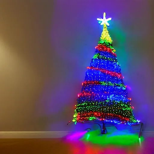 Prompt: a christmas tree made out of neon lights in a dark room, hyperrealistic photograph