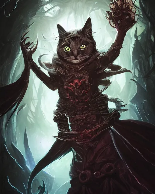 Prompt: Cat necronomancer, portrait, casting dark spell, magic the gathering artwork, D&D, fantasy, cinematic lighting, centered, symmetrical, highly detailed, digital painting, artstation, concept art, smooth, sharp focus, illustration, volumetric lighting, epic Composition, 8k, art by Akihiko Yoshida and Greg Rutkowski and Craig Mullins, oil painting, cgsociety