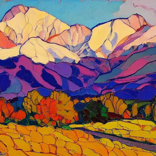 Image similar to autumnal scottish valley view with snowy mountains in the background and piercing blue sky with citrus clouds by erin hanson and tyler edlin