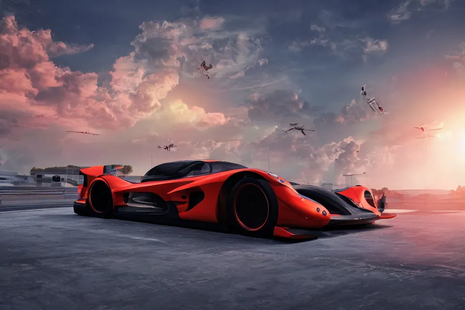 Prompt: Futuristic Hover Car Le Mans Races In Italy Circa Year 10,0000, Hover Vehicles Designed by Syd Mead and Pininfarina, beautiful sunset, photorealistic, hyperrealistic, octane render, HDR, IG Studios Anime Style