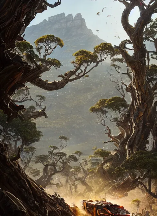 Image similar to hyper realistic robot attacking cape town city beautiful details, gnarly trees, strong composition, poster painted by greg rutkowski, concept art, arcane style, hearthstone wizards of the coast norman rockwell, james gurney and greg rutkowski weta studio, and lucasfilm and best of artstation