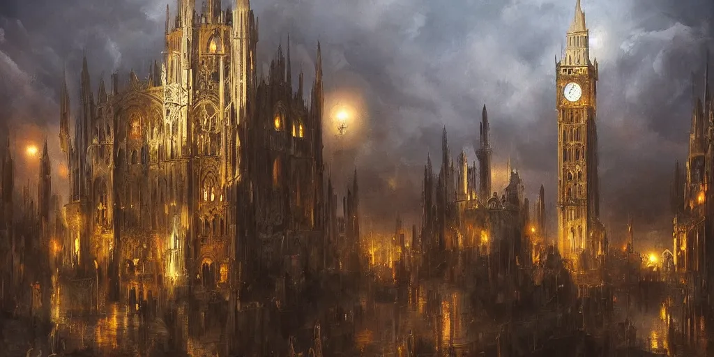 Image similar to European city where eternal night reigns and in the middle stands a giant concrete cube without any windows, painting, dark fantasy art, creepy