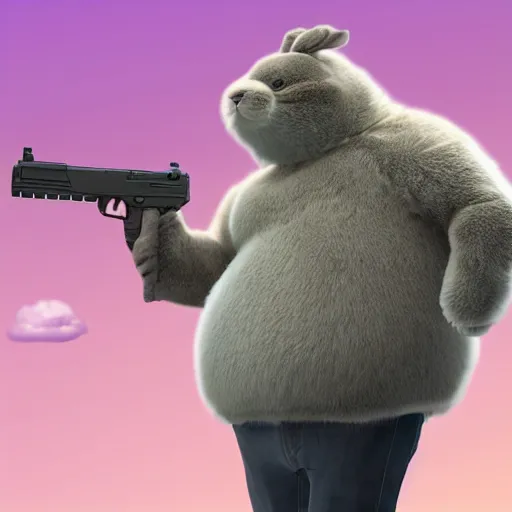 Prompt: fuzzy big chungus holding two mac - 1 0 s, shooting into the sky