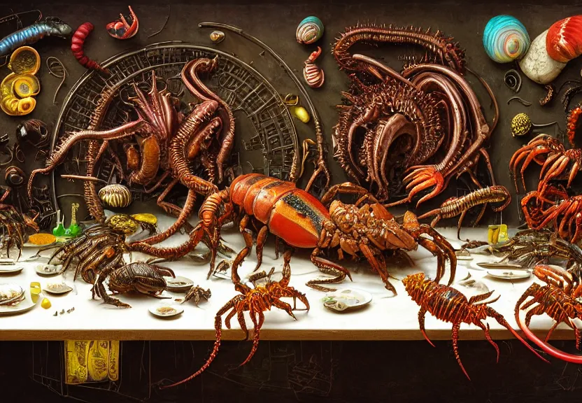 Prompt: an opulent banquet of food on a table covered with colorful hissing cockroaches and huge spiny hermit crabs and huge glossy earthworms. rainbow giger ’ s xenomorph. neon the thing. the blob. reclaimed lumber, detailed and intricate environment, hyperrealism, food photography, rembrandt