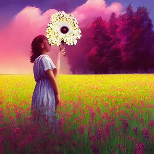 Image similar to girl with a huge flower as a face, surreal photography, dream, standing in flower field, hills, big trees, sunrise dramatic light, impressionist painting, colorful clouds, digital painting, pointillism, artstation, simon stalenhag, flower face