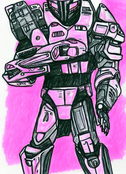 Image similar to master chief drawn with markers on a pink background