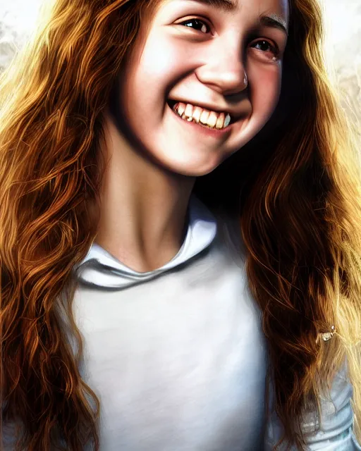 Prompt: close up portrait of 1 5 - year - old girl, smile with large front teeth, hermione granger, very bushy brown hair, and very bright brown eyes, wearing white shirt, hyper realistic face, beautiful eyes, character art, art by mark brooks, hyperdetailed, cryengine, trending on artstation, digital art