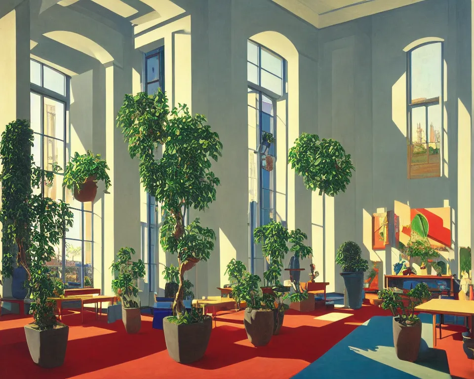 Prompt: an achingly beautiful print of the interior of a modern art museum with vibrant paintings lining the walls, classical antiquities on display, and tiny potted plants by Raphael, Hopper, and Rene Magritte. detailed, romantic, enchanting, trending on artstation.