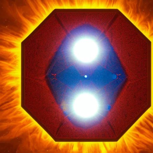 Prompt: hexagon in front of the sun, seen from planet earth, trending on art station, retro futurism, photo realistic, perspective