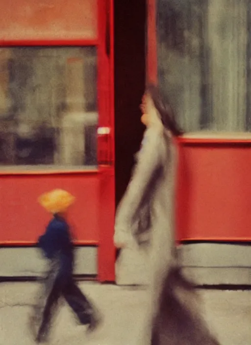 Image similar to portrait, blurry, street photography by saul leiter, red, pale