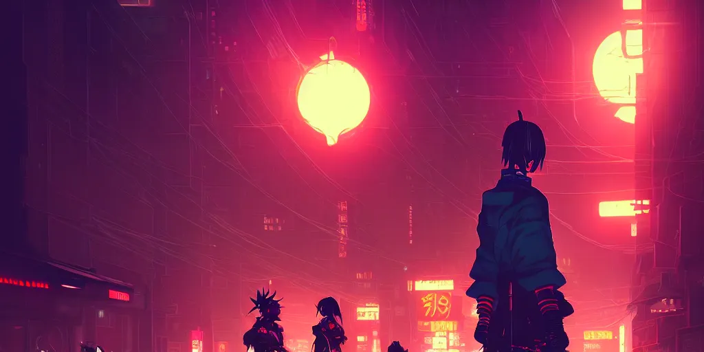 Image similar to digital illustration closeup of cyberpunk samurai in city street at night by makoto shinkai, ilya kuvshinov, lois van baarle, rossdraws, basquiat | afrofuturism, in the style of hearthstone, trending on artstation | cool color scheme