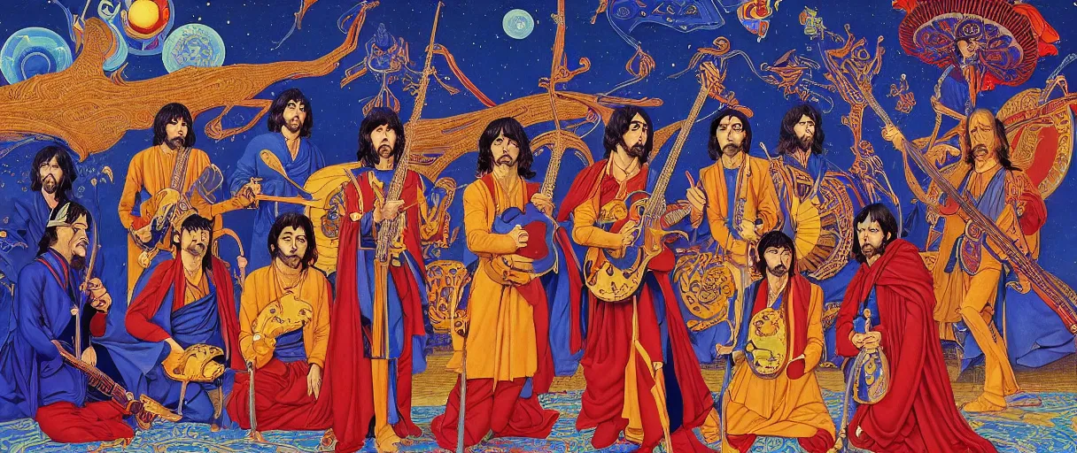 Prompt: a breath - taking jean giraud work of art of the beatles in the style of a renaissance masters portrait, mystical and new age symbolism and tibetan book of the dead imagery, intricately detailed, 4 k