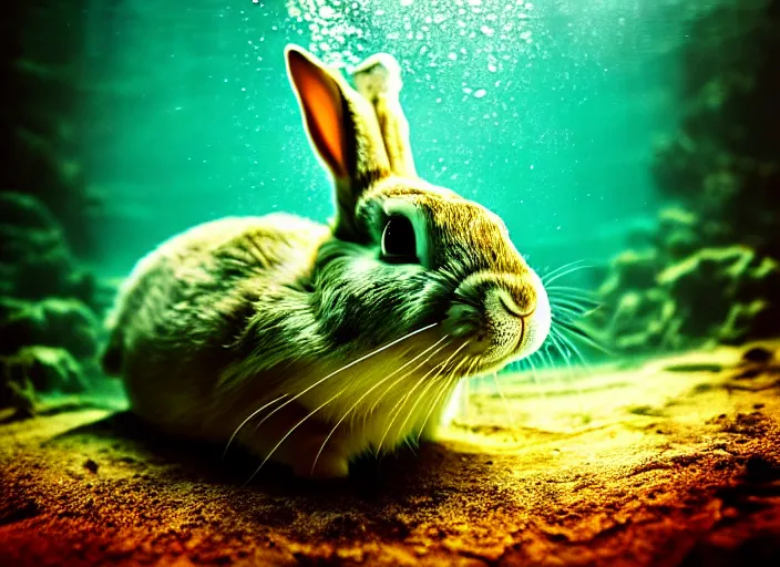 Image similar to under water rabbit, water light scattering, underwater photography, high details, 8 k, realistic shot, cinematic lighting