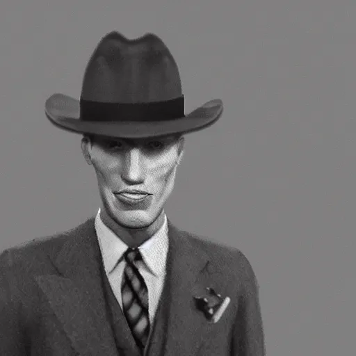 Image similar to A photograph portrait of Jerma985 wearing a suit with and fedora in the 1940s, taken in the early 1940s, grainy, taken on a 940s Kodak Camera, realistic, hyperrealistic, very realistic, highly detailed, very detailed, extremely detailed, detailed, digital art, trending on artstation