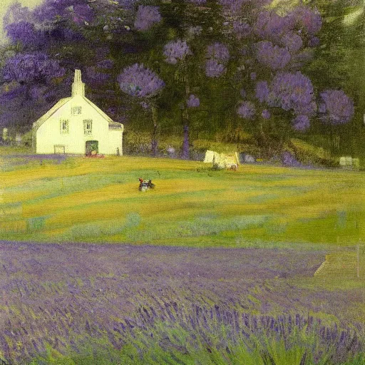 Image similar to painting of lavender field, highly detailed, beautiful lighting, tiny house in background by james abbott mcneill whistler