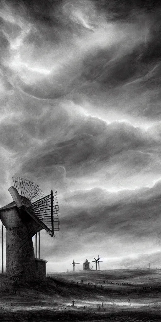 Image similar to a medieval don quixote walking alone in the night during a stormcloud with Lamancha windmills in the distance dramatic airbrushed clouds over black background by Luis royo and Caravaggio airbrush fantasy 80s, realistic masterpiece