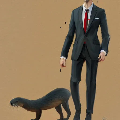 Prompt: well proportioned, stylized expressive master furry art painting of an anthro otter, headshot, wearing suit and tie, walking to his job character portrait feature stylized by blotch, rukis, charlie bowater, ross tran, artgerm, makoto shinkai, detailed, soft lighting, rendered in octane