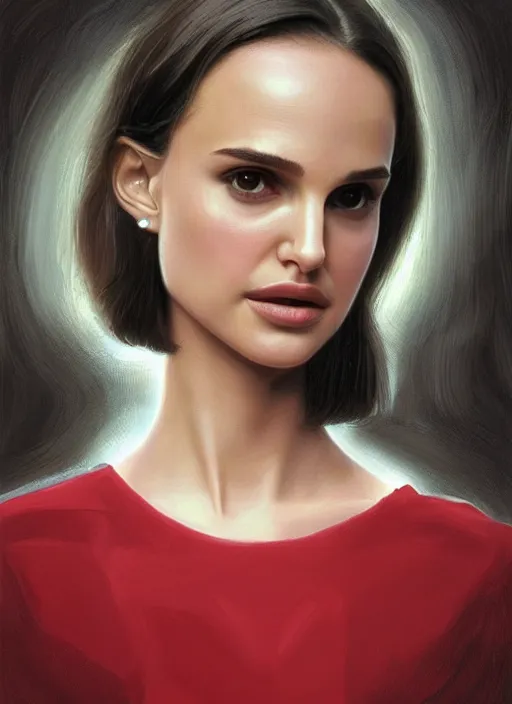 Image similar to portrait of teenage natalie portman, long haircut, flowing dark hair, white shirt, red tie, smiling kindly, forest at background, 1 9 8 0 s, intricate, elegant, glowing lights, highly detailed, digital painting, artstation, concept art, smooth, sharp focus, illustration, art by wlop, mars ravelo and greg rutkowski