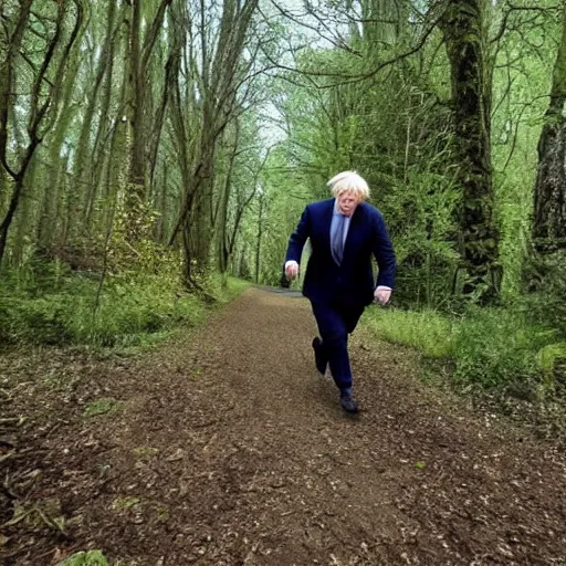 Prompt: boris johnson chasing you in a forest, trailcam footage