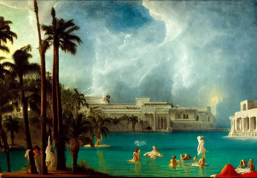 Image similar to Palace floating in heaven, 1km tall, thunderstorm, greek pool, beach and palm trees on the background major arcana sky, by paul delaroche, hyperrealistic 4k uhd, award-winning very detailed, heaven paradise