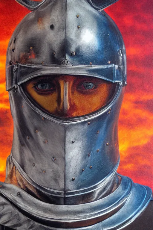 Image similar to hyperrealism oil painting, close-up portrait of medieval european fashion model, knight, steel gradient mixed with fire sky, in style of baroque mixed with 70s japan book art