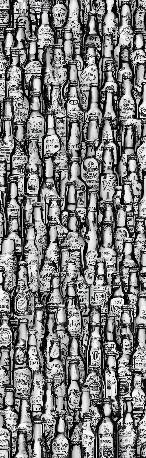 Image similar to repeating pattern of stylized beer bottles, extremely detailed and intricate, monochromatic