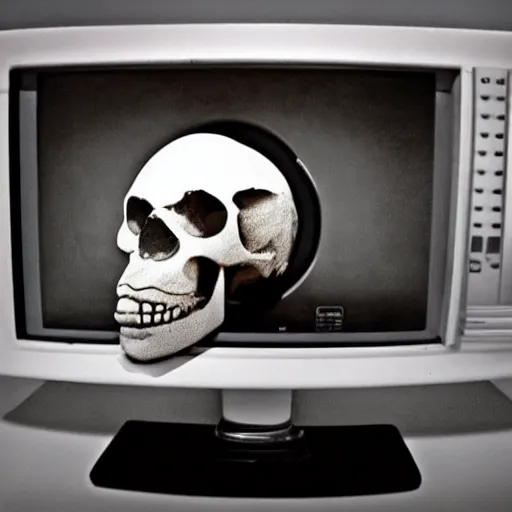 Image similar to skull coming out of an old CRT monitor
