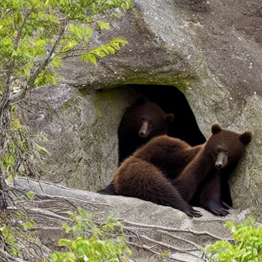 Image similar to a mother bear and her cubs sleeping in a dark cave