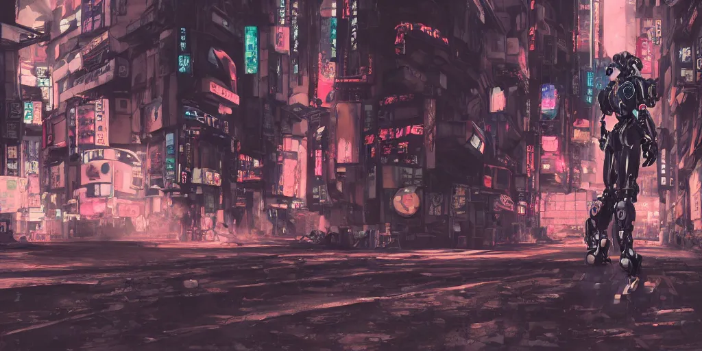 Image similar to a robot mecha wandering in a deserted shinjuku junk town, anime watercolor, soft bloom lighting, paper texture, movie scene, cyberpunk, animatronic, black smoke, pale beige sky pencil marks hd, 4k, remaster, dynamic camera angle, deep 3 point perspective, fish eye, dynamic scene