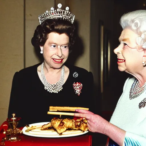 Prompt: Queen Elizabeth eating a kebab