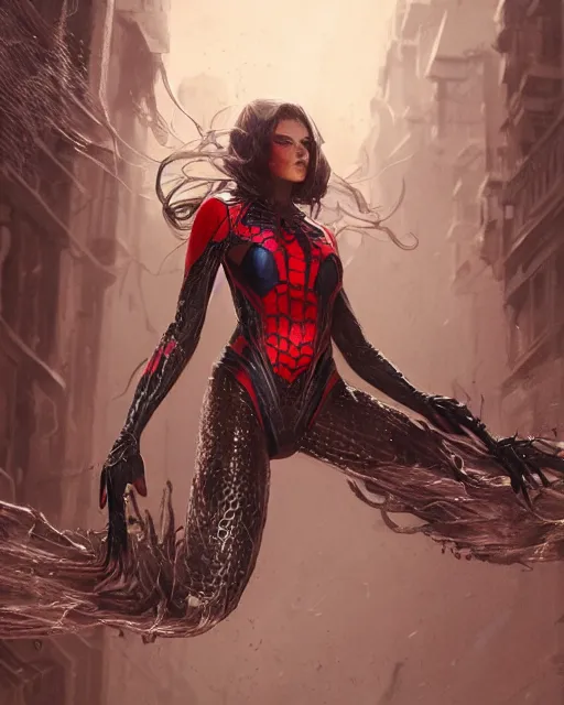 Prompt: a beautiful spiderwoman wearing a magical armor posing in a magical road town, hyper realistic face, fantasy art, in the style of greg rutkowski, illustration, epic, fantasy, intricate, hyper detailed, artstation, concept art, smooth, sharp focus