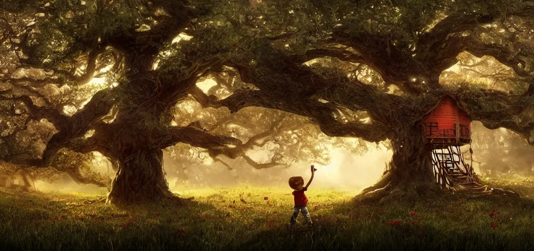 Image similar to Kid with red radioflyer standing in front of beautiful tree house in an old oak tree on a beautiful meadow with flowers, dramatic lighting, cinematic, establishing shot, extremly high detail, photo realistic, cinematic lighting, post processed, concept art, artstation, matte painting, style by eddie mendoza, raphael lacoste, alex ross