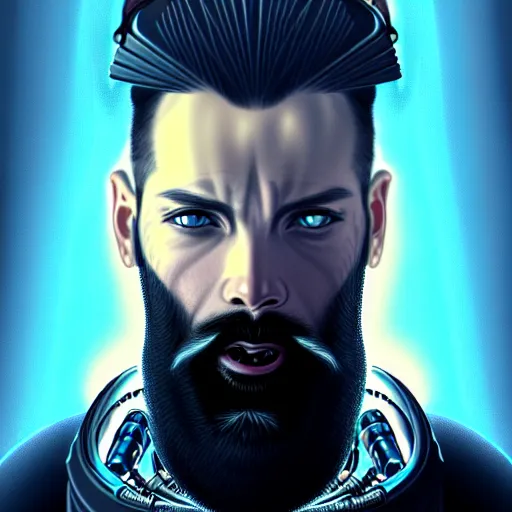 Image similar to bearded man with extremely large and intricate eye cyberpunk bionics with angry blue eyes and slim features looking askance, eye cyberpunk bionics, retro futurist style, intricate, elegant gleaming intricate baroque jewelry, angelic halo, highly detailed, digital painting, artstation, concept art, smooth, sharp focus, illustration, art by wlop, mars ravelo and greg rutkowski,