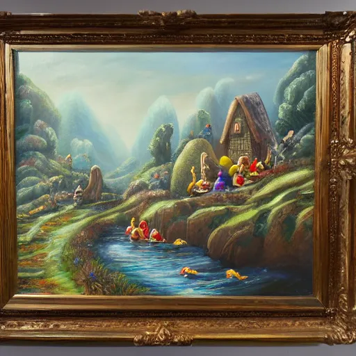 Image similar to a fantasy world of rubber ducks, landscape painting, highly detailed