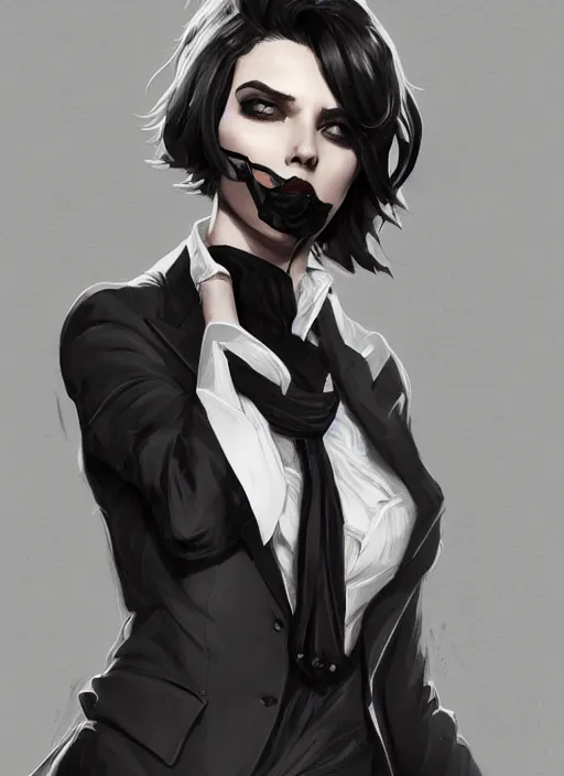 Image similar to a highly detailed illustration of beautiful short black messy haired woman wearing single eyepatch and noir style suit and tie, dramatic smiling pose, intricate, elegant, highly detailed, centered, digital painting, artstation, concept art, smooth, sharp focus, league of legends concept art, WLOP