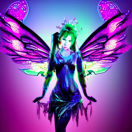 Prompt: cyberpunk fairy princess, galaxy wings, woodland grove, neon wings beautiful colorful pretty artistic 4 k artstation trending dramatic lighting realistic floral garden blooming flowers