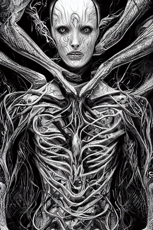 Prompt: black and white illustration, creative design, body horror, alex gray, android jones